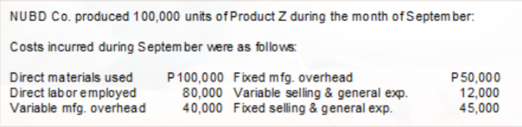 NUBD Co. produced 100,000 units of Product Z during the month of Septem ber:
Costs incurred during Septem ber were as follows:
Direct materials used
Direct labor employed
Variable mfg. overhead
P100,000 Fixed mfg. overhead
80,000 Variable selling & general exp.
40,000 Fixed selling & general exp.
P50,000
12,000
45,000
