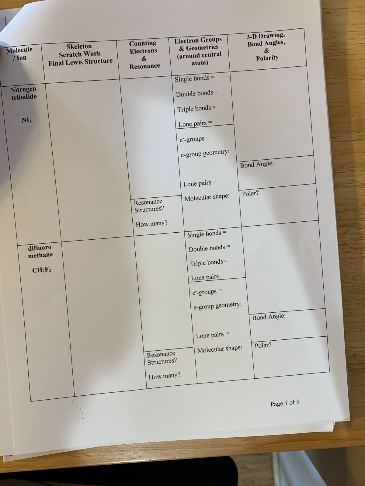 Molecule
/ Ion
Skeleton
Scratch Work
Final Lewis Structure
Counting
Electrons
Electron Groups
& Geometries
3-D Drawing,
Bond Angles,
&
(around central
atom)
&
Resonance
Polarity
Nitrogen
triiodide
Single bonds =
%3D
Double bonds =
%3D
NI3
Triple bonds =
%3D
Lone pairs
%3D
e-groups =
e-group geometry:
Bond Angle:
Lone pairs
Resonance
Molecular shape:
Polar?
Structures?
How many?
difluoro
Single bonds =
methane
Double bonds
%3D
CH2F2
Triple bonds =
%3D
Lone pairs
e-groups =
e-group geometry:
Bond Angle:
Lone pairs =
Resonance
Molecular shape:
Polar?
Structures?
How many?
Page 7 of 9
