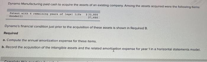 Dynamo Manufacturing paid cash to acquire the assets of an existing company. Among the assets acquired were the following items:
$33,800
37,400
Patent with 4 remaining years of legal life.
Goodwill
Dynamo's financial condition just prior to the acquisition of these assets is shown in Required B.
Required
a. Compute the annual amortization expense for these items.
b. Record the acquisition of the intangible assets and the related amortization expense for year 1 in a horizontal statements model.
Camale