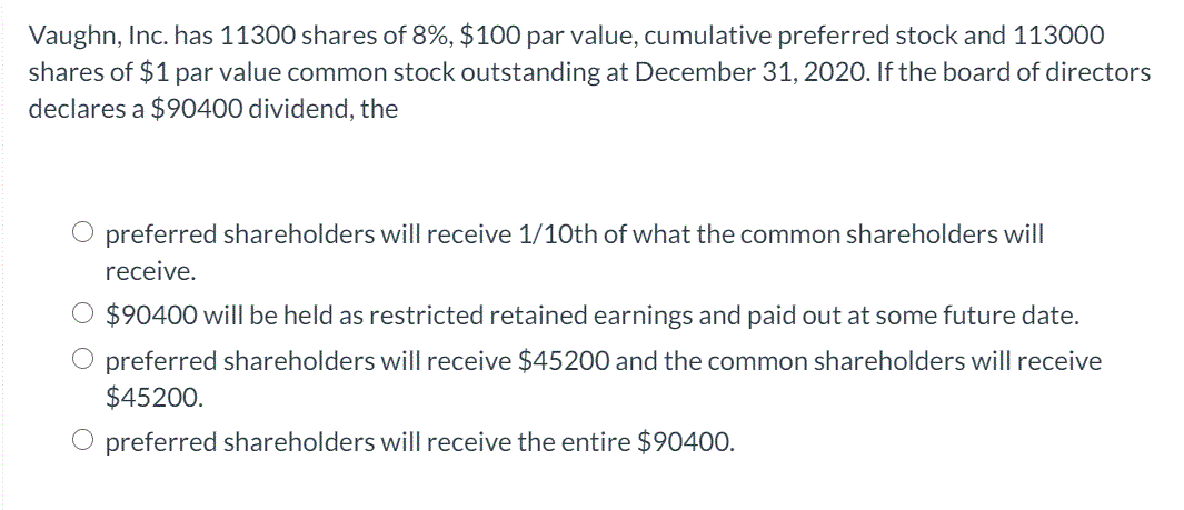 Vaughn, Inc. has 11300 shares of 8%, $100 par value, cumulative preferred stock and 113000
shares of $1 par value common stock outstanding at December 31, 2020. If the board of directors
declares a $90400 dividend, the
preferred shareholders will receive 1/10th of what the common shareholders will
receive.
$90400 will be held as restricted retained earnings and paid out at some future date.
O preferred shareholders will receive $45200 and the common shareholders will receive
$45200.
O preferred shareholders will receive the entire $90400.
