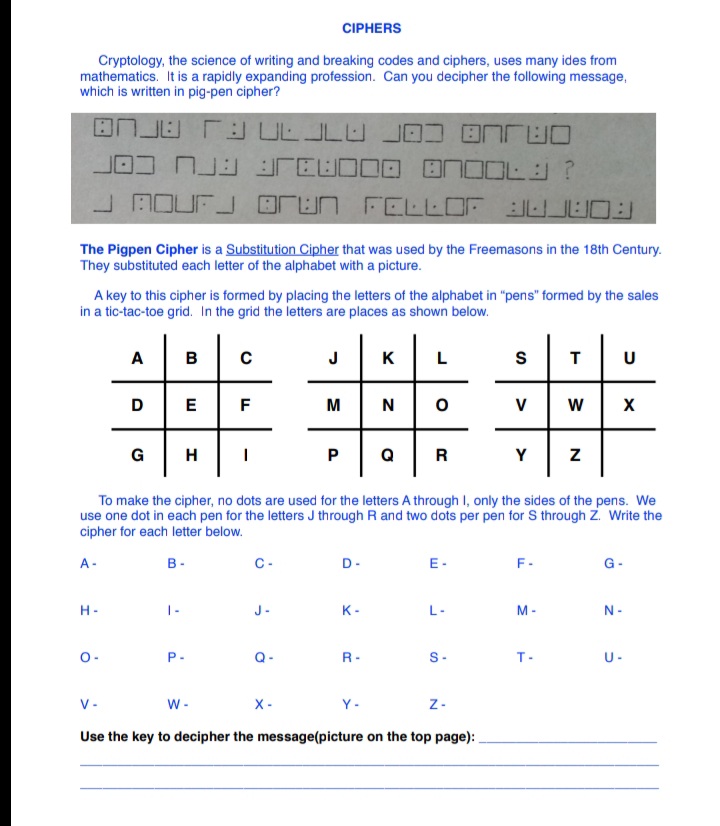 CIPHERS
Cryptology, the science of writing and breaking codes and ciphers, uses many ides from
mathematics. It is a rapidly expanding profession. Can you decipher the following message,
which is written in pig-pen cipher?
BOUFJ Brun FELLOF JUJHO3
The Pigpen Cipher is a Substitution Cipher that was used by the Freemasons in the 18th Century.
They substituted each letter of the alphabet with a picture.
A key to this cipher is formed by placing the letters of the alphabet in "pens" formed by the sales
in a tic-tac-toe grid. In the grid the letters are places as shown below.
A
B
J
K
L
S
U
D
E
M
V
W
X
G
H
P
Q
R
Y
To make the cipher, no dots are used for the letters A through I, only the sides of the pens. We
use one dot in each pen for the letters J through R and two dots per pen for S through Z. Write the
cipher for each letter below.
A-
B-
C-
D-
E-
F-
G-
H-
|-
J-
K-
L-
M -
N-
P-
Q-
R-
S-
T-
U-
V-
w -
X -
Y-
Z-
Use the key to decipher the message(picture on the top page):
