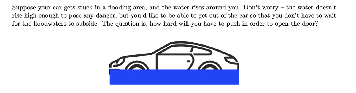 Suppose your car gets stuck in a flooding area, and the water rises around you. Don't worry – the water doesn't
rise high enough to pose any danger, but you'd like to be able to get out of the car so that you don't have to wait
for the floodwaters to subside. The question is, how hard will you have to push in order to open the door?
