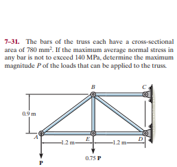 7-31. The bars of the truss each have a cross-sectional
area of 780 mm?. If the maximum average normal stress in
any bar is not to exceed 140 MPa, determine the maximum
magnitude Pof the loads that can be applied to the truss.
a9m
-1.2m
-1.2 m-
0.75 P
