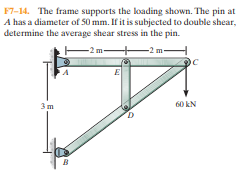F7-14. The frame supports the loading shown. The pin at
A has a diameter of 50 mm. If it is subjected to double shear,
determine the average shear stress in the pin.
-2 m-
-2 m-
60 kN
