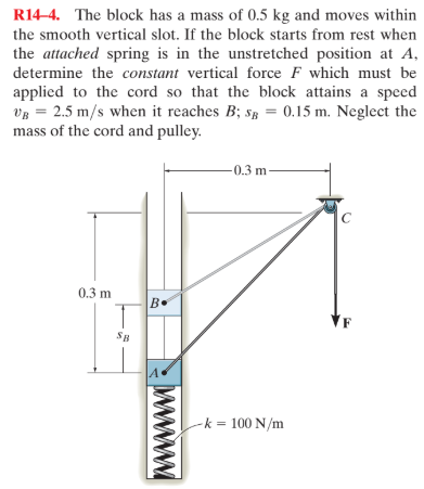 R14–4. The block has a mass of 0.5 kg and moves within
the smooth vertical slot. If the block starts from rest when
the attached spring is in the unstretched position at A,
determine the constant vertical force F which must be
applied to the cord so that the block attains a speed
VB = 2.5 m/s when it reaches B; sg = 0.15 m. Neglect the
mass of the cord and pulley.
%3D
-0.3 m-
0.3 m
B•
SB
-k = 100 N/m
