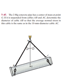 7-47. The 2-Mg concrete pipe has a center of mass at point
G. If it is suspended from cables AB and AC, determine the
diameter of cable AB so that the average nomal stress in
this cable is the same as in the 10-mm-diameter cable AC.
30 45
