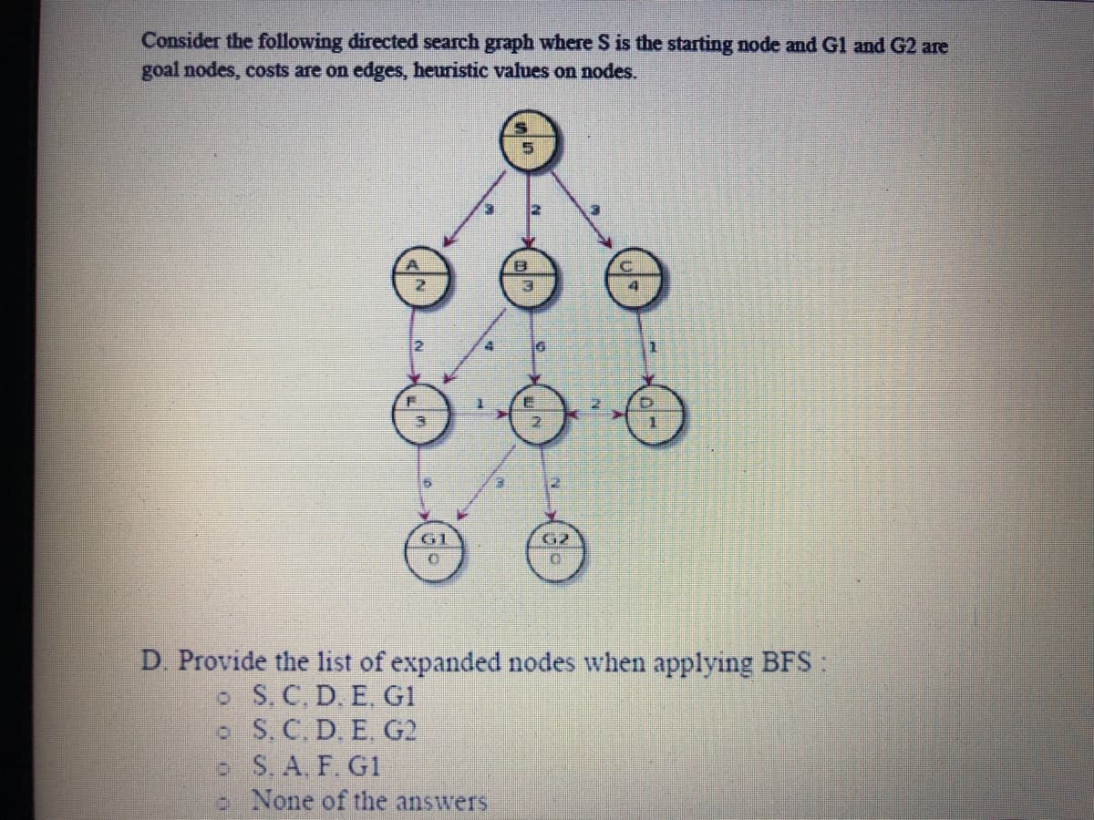 Consider the following directed search graph where S is the starting node and Gl and G2 are
goal nodes, costs are on edges, heuristic values on nodes.
日
4
G1
G2
D. Provide the list of expanded nodes when applying BFS:
o S.C. D. E. GI
o S. C. D. E. G2
o S, A. F. G1
O None of the answers
