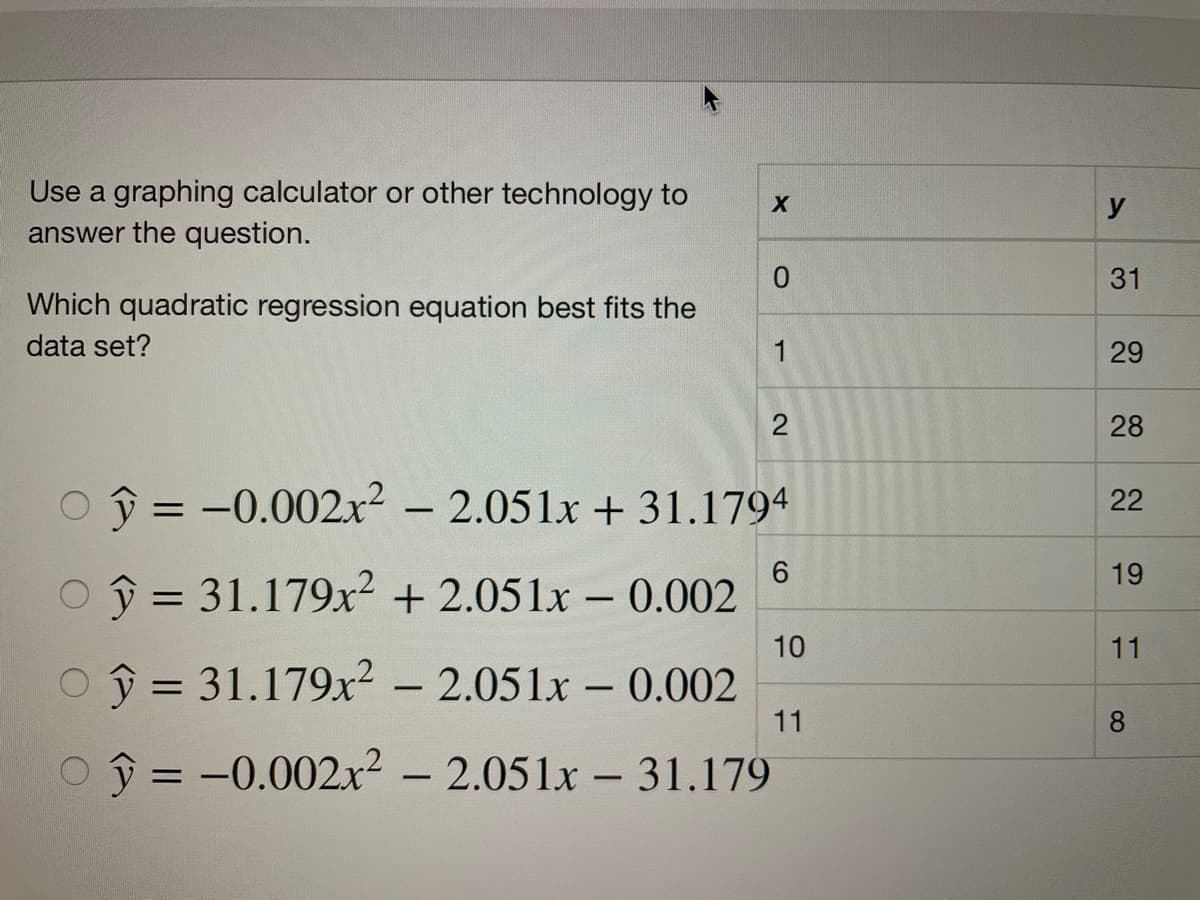 Use a graphing calculator or other technology to
answer the question.
y
0.
31
Which quadratic regression equation best fits the
data set?
1
29
28
î = -0.002x2 – 2.051x + 31.1794
22
19
Oŷ = 31.179x² + 2.051x – 0.002
%3D
-
10
11
Oŷ = 31.179x2 – 2.051x – 0.002
%3D
-
11
8.
Oŷ = -0.002.x² – 2.051x - 31.179
%D
2.
