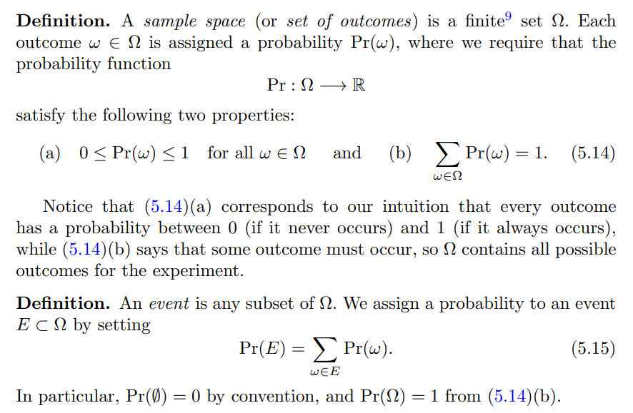 Definition. A sample space (or set of outcomes) is a finite⁹ set . Each
outcome we is assigned a probability Pr(w), where we require that the
probability function
Pr : Ω
satisfy the following two properties:
(a) 0≤ Pr(w) ≤ 1 for all w EN and (b) Σ Pr(ω) = 1. (5.14)
WEN
R
Notice that (5.14) (a) corresponds to our intuition that every outcome
has a probability between 0 (if it never occurs) and 1 (if it always occurs),
while (5.14) (b) says that some outcome must occur, so contains all possible
outcomes for the experiment.
Definition. An event is any subset of 2. We assign a probability to an event
ECN by setting
(5.15)
Pr(E) = Σ Pr(w).
WEE
In particular, Pr(Ø) = 0 by convention, and Pr(N) = 1 from (5.14)(b).