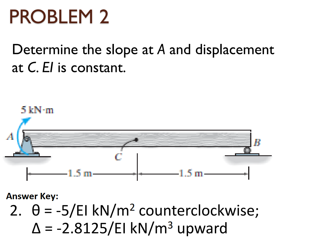 PROBLEM 2
Determine the slope at A and displacement
at C. El is constant.
5 kN-m
B
-1.5m.
-1.5m-
Answer Key:
2. 0 = -5/EI kN/m2 counterclockwise;
A = -2.8125/EI kN/m³ upward
%3D
