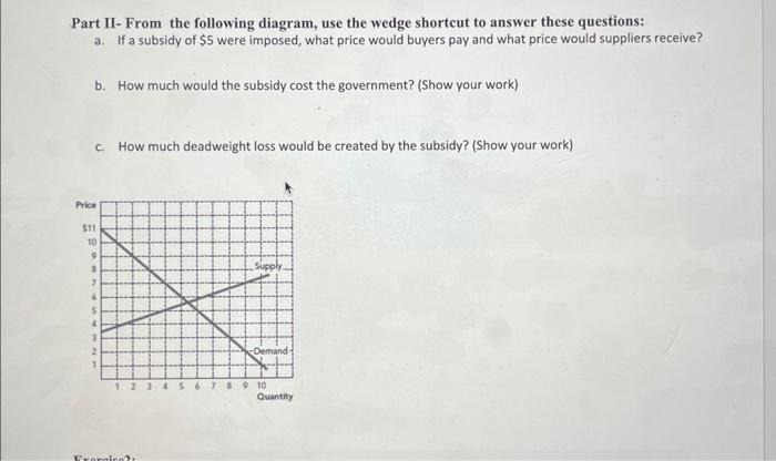 Part II- From the following diagram, use the wedge shortcut to answer these questions:
a. If a subsidy of $5 were imposed, what price would buyers pay and what price would suppliers receive?
b. How much would the subsidy cost the government? (Show your work)
c. How much deadweight loss would be created by the subsidy? (Show your work)
Price
$11
10
9
$
7
6
5
4
3
2
1
1 2 3
Frornice?
Supply
Demand
6-7 8 9 10
Quantity
