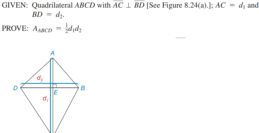 GIVEN: Quadrilateral ABCD with AC 1 BD [See Figure 8.24(a).]; AC
d, and
BD = d2.
PROVE: AABCD = ¿d,d2
A
B
