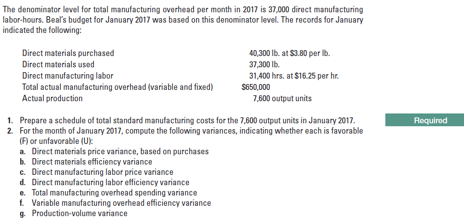 The denominator level for total manufacturing overhead per month in 2017 is 37,000 direct manufacturing
labor-hours. Beal's budget for January 2017 was based on this denominator level. The records for January
indicated the following:
Direct materials purchased
40,300 lb. at $3.80 per Ib.
Direct materials used
37,300 lb.
Direct manufacturing labor
Total actual manufacturing overhead (variable and fixed)
Actual production
31,400 hrs. at $16.25 per hr.
S650,000
7,600 output units
Required
1. Prepare a schedule of total standard manufacturing costs for the 7,600 output units in January 2017.
2. For the month of January 2017, compute the following variances, indicating whether each is favorable
(F) or unfavorable (U):
a. Direct materials price variance, based on purchases
b. Direct materials efficiency variance
c. Direct manufacturing labor price variance
d. Direct manufacturing labor efficiency variance
e. Total manufacturing overhead spending variance
f. Variable manufacturing overhead efficiency variance
g. Production-volume variance
