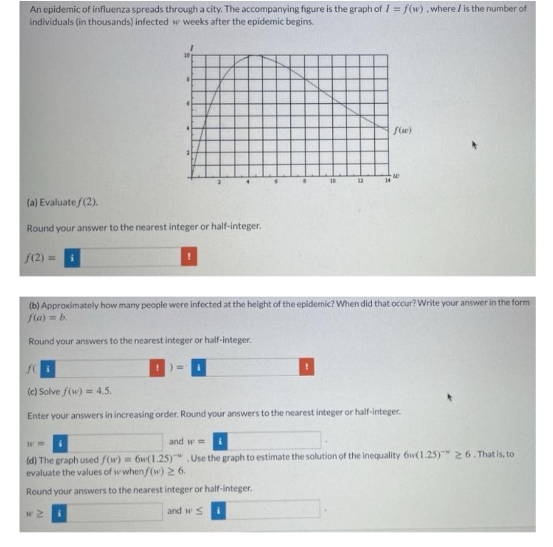 An epidemic of influenza spreads through a city. The accompanying figure is the graph of I = f(w),where / is the number of
individuals (in thousands) infected w weeks after the epidemic begins.
10
S(w)
10
12
14
(a) Evaluate f(2).
Round your answer to the nearest integer or half-integer.
f(2) =
(b) Approximately how many people were infected at the height of the epidemic? When did that occur? Write your answer in the form
f(a) = b.
Round your answers to the nearest integer or half-integer.
%3D
i
(c) Solve f(w) = 4.5.
Enter your answers in increasing order. Round your answers to the nearest integer or half-integer.
and w =
W3=
(d) The graph used f(w) = 6w(1.25).Use the graph to estimate the solution of the inequality 6w(1.25) 2 6. That is, to
evaluate the values of w whenf(w) 2 6.
Round your answers to the nearest integer or half-integer.
w 2
and w S
