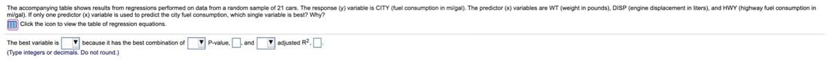 The accompanying table shows results from regressions performed on data from a random sample of 21 cars. The response (y) variable is CITY (fuel consumption in mi/gal). The predictor (x) variables are WT (weight in pounds), DISP (engine displacement in liters), and HWY (highway fuel consumption in
mi/gal). If only one predictor (x) variable is used to predict the city fuel consumption, which single variable is best? Why?
E Click the icon to view the table of regression equations.
The best variable is
because it has the best combination of
V P-value.
V adjusted R2,N.
and
(Type integers or decimals. Do not round.)
