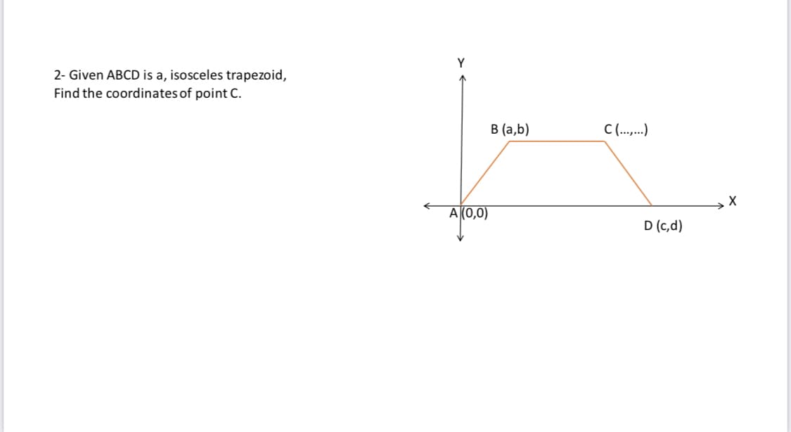 Y
2- Given ABCD is a, isosceles trapezoid,
Find the coordinates of point C.
В (а,b)
C(..)
A(0,0)
D (c,d)
