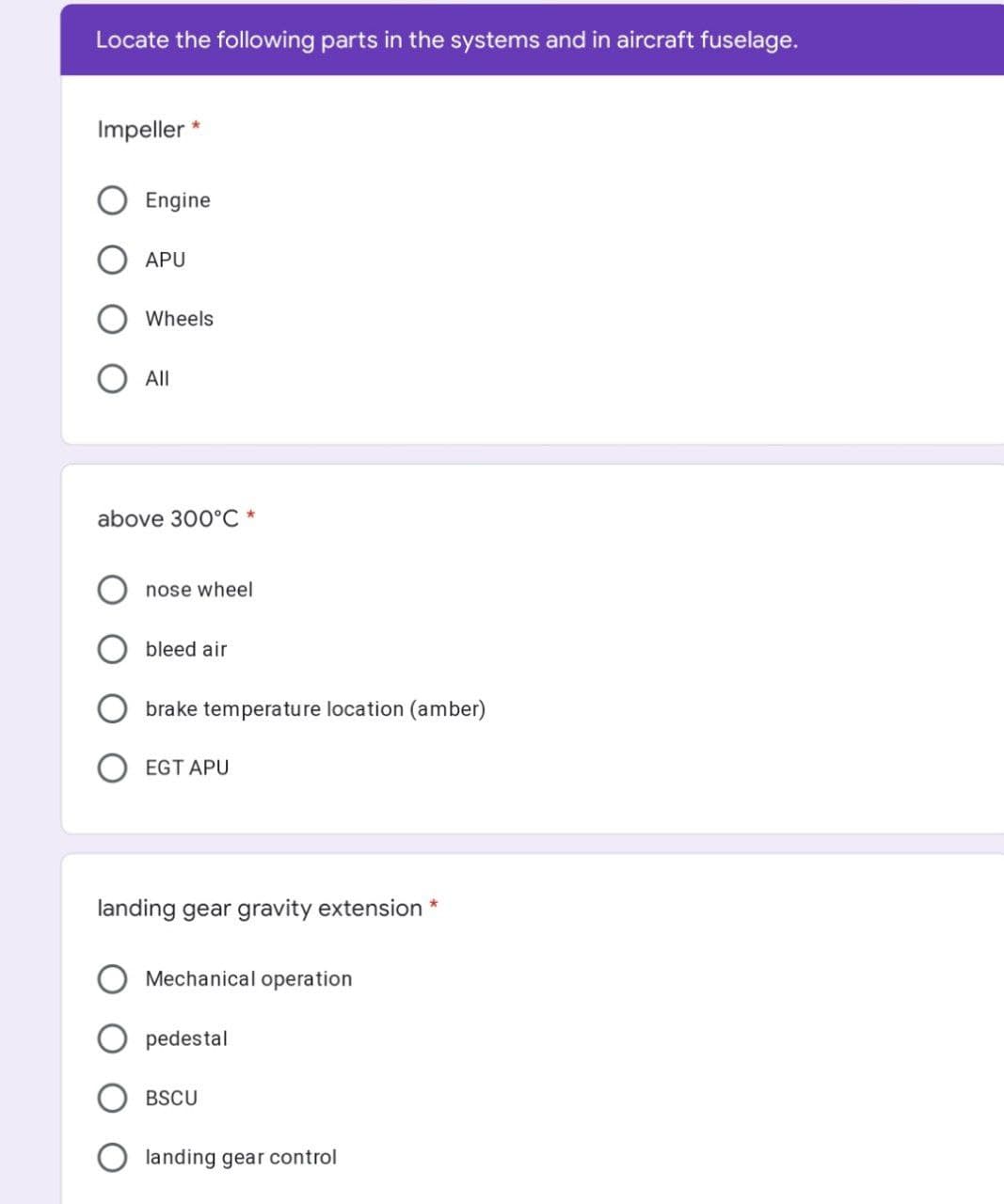 Locate the following parts in the systems and in aircraft fuselage.
Impeller *
Engine
APU
Wheels
All
above 300°C *
nose wheel
bleed air
brake temperature location (amber)
EGT APU
landing gear gravity extension
Mechanical operation
pedestal
BSCU
landing gear control
