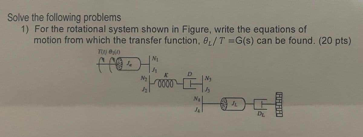 Solve the following problems
1) For the rotational system shown in Figure, write the equations of
motion from which the transfer function, e₁/T =G(s) can be found. (20 pts)
T(t) 0₁(0)
NI
Ja
K
N₂
№3
0000
√2
NA
JL
JA
DL