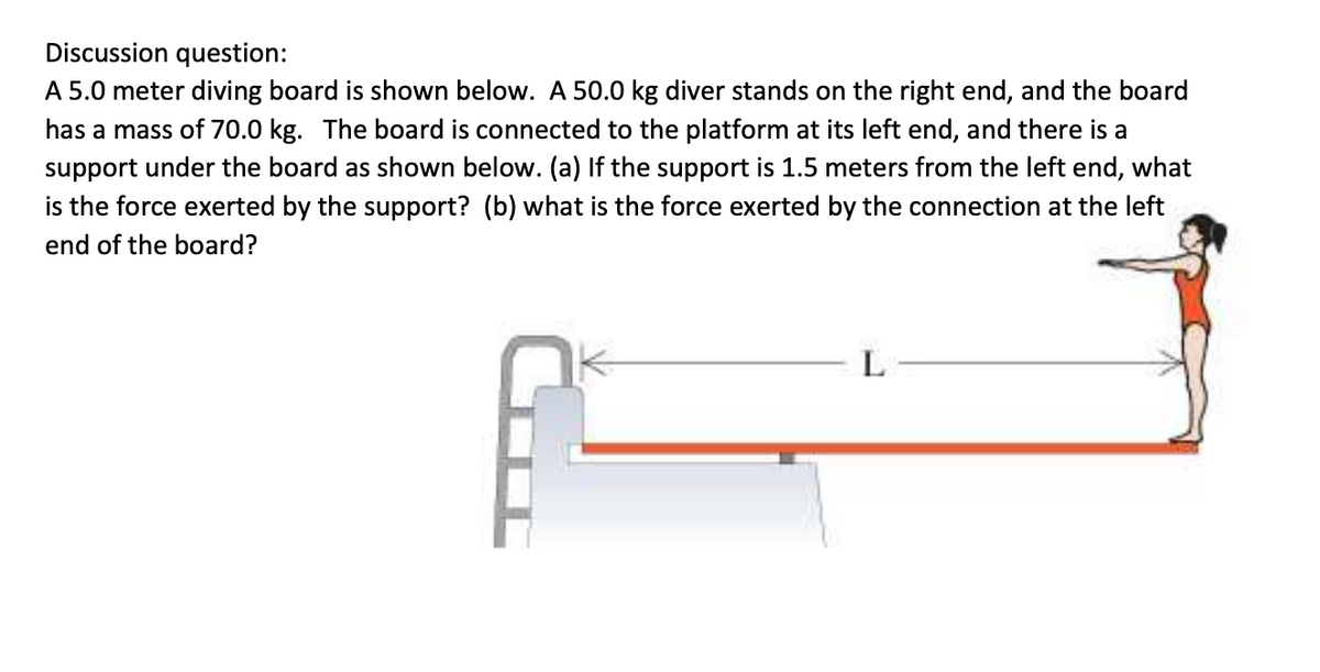 Discussion question:
A 5.0 meter diving board is shown below. A 50.0 kg diver stands on the right end, and the board
has a mass of 70.0 kg. The board is connected to the platform at its left end, and there is a
support under the board as shown below. (a) If the support is 1.5 meters from the left end, what
is the force exerted by the support? (b) what is the force exerted by the connection at the left
end of the board?
L
