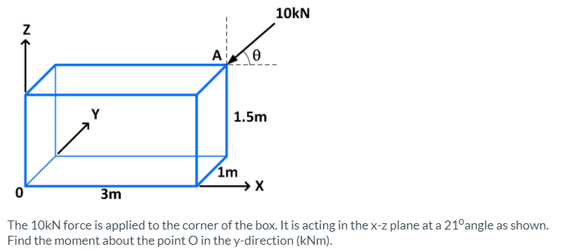 10kN
A
A KO
Y
1.5m
1m
3m
The 10kN force is applied to the corner of the box. It is acting in the x-z plane at a 21°angle as shown.
Find the moment about the point O in the y-direction (kNm).
