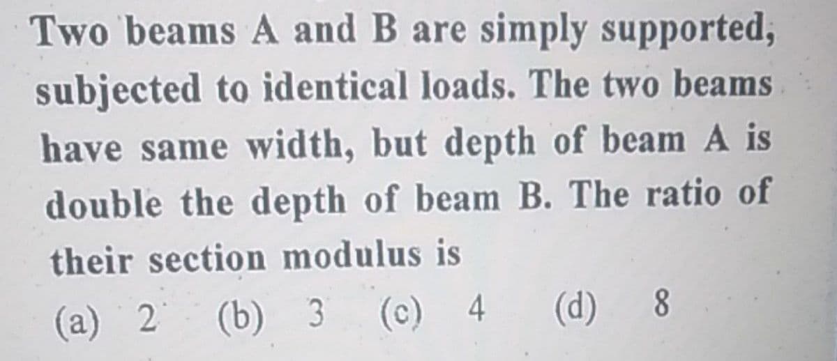 Two beams A and B are simply supported,
subjected to identical loads. The two beams
have same width, but depth of beam A is
double the depth of beam B. The ratio of
their section modulus is
(a) 2
(b) 3
(c) 4
(d)
8.

