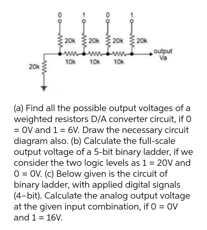 :20k
20k 20k
20k
my
output
Va
10k
10k
10k
20k
(a) Find all the possible output voltages of a
weighted resistors D/A converter circuit, if 0
OV and 1 = 6V. Draw the necessary circuit
diagram also. (b) Calculate the full-scale
output voltage of a 5-bit binary ladder, if we
consider the two logic levels as 1 = 20V and
O = OV. (c) Below given is the circuit of
binary ladder, with applied digital signals
(4-bit). Calculate the analog output voltage
at the given input combination, if 0 = OV
and 1 = 16V.
=
