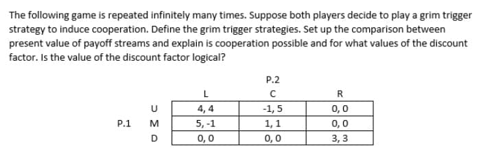 The following game is repeated infinitely many times. Suppose both players decide to play a grim trigger
strategy to induce cooperation. Define the grim trigger strategies. Set up the comparison between
present value of payoff streams and explain is cooperation possible and for what values of the discount
factor. Is the value of the discount factor logical?
P.2
L
R
4, 4
-1, 5
0,0
P.1
M
5, -1
1,1
0,0
0,0
0,0
3, 3
