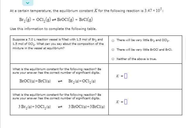 At a certain temperature, the equilibrium constant K for the following reaction is 3.47 x 10:
Br,(g) + OC1,(g)- BrOC1(g) + BrC1(g)
Use this information to complete the following table.
Suppose a 7.0 L reaction vessel is filled with 1.5 mol of Brz and
1.5 mol of OCl,. What can you say about the composition of the
mixture in the vessel at equilibrium?
There will be very little Brz and OCl2.
There will be very little Brocl and BrCl.
Neither of the above is true.
What is the equilibrium constant for the following reaction? Be
sure your answer has the correct number of significant digits.
K =0
%3D
BrOCl(g)+BrCl(g)
- Br,(9)+OC1,(9)
What is the equilibrium constant for the following reaction? Be
sure your answer has the correct number of significant digits.
3 Br, (9)+30C1, (9)
3 BrOCl(9)+3B1C1(9)
