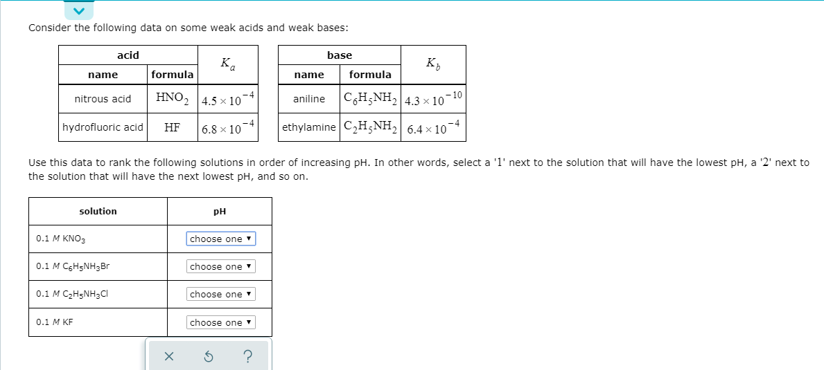 Consider the following data on some weak acids and weak bases:
acid
base
Ka
K3
name
formula
name
formula
nitrous acid
HNO, 4.5 × 10*
C,H;NH, 4.3 × 10¬10
aniline
hydrofluoric acid
HF
6.8 x 10-4
ethylamine C,H;NH, 6.4 × 10-4
Use this data to rank the following solutions in order of increasing pH. In other words, select a '1' next to the solution that will have the lowest pH, a '2' next to
the solution that will have the next lowest pH, and so on.
solution
pH
0.1 M KNO3
choose one
0.1 M C5H5NH3B.
choose one
0.1 M C2H5NH3CI
choose one
0.1 M KF
choose one v
