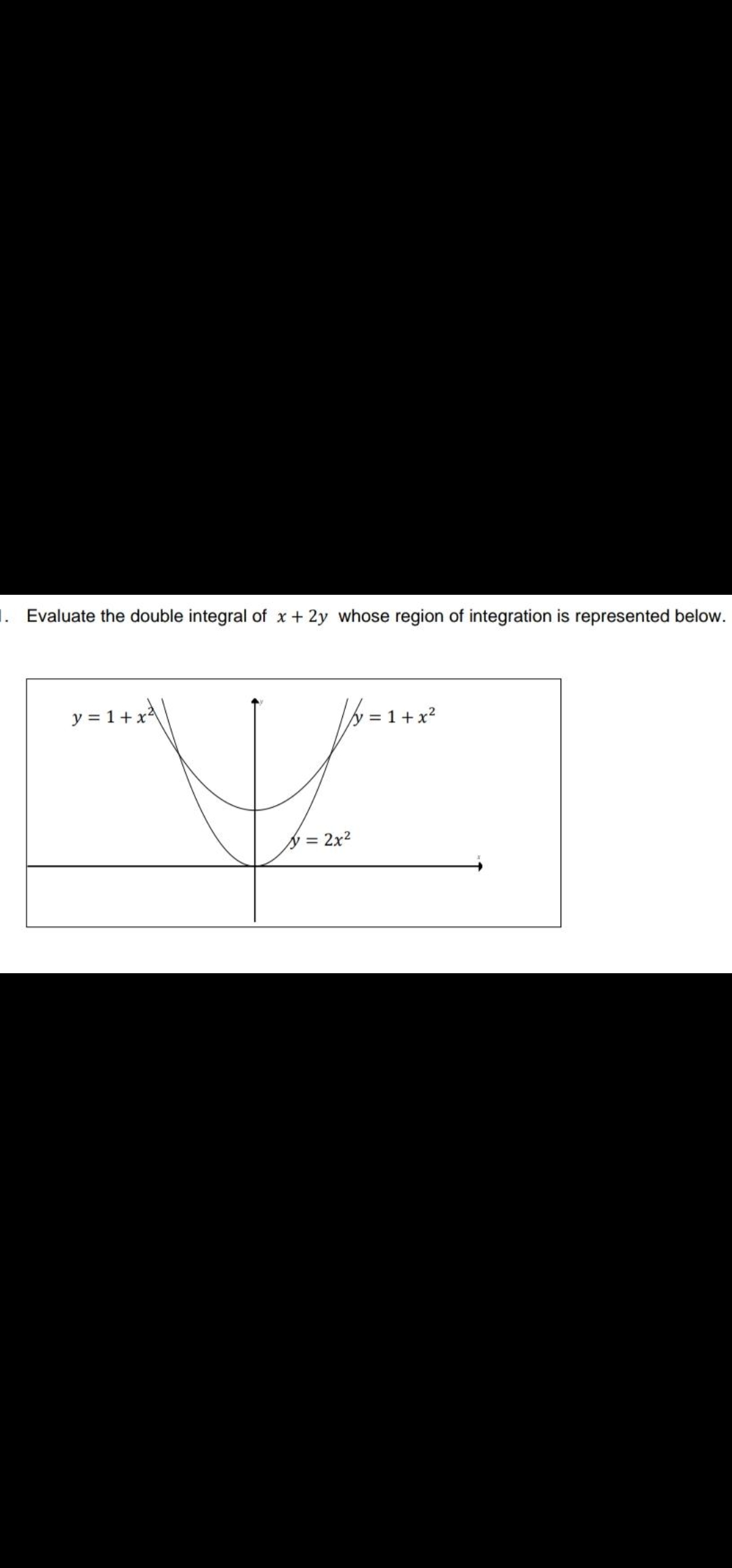 1. Evaluate the double integral of x + 2y whose region of integration is represented below.
y = 1+ xA
>=1+x²
y 2x2
