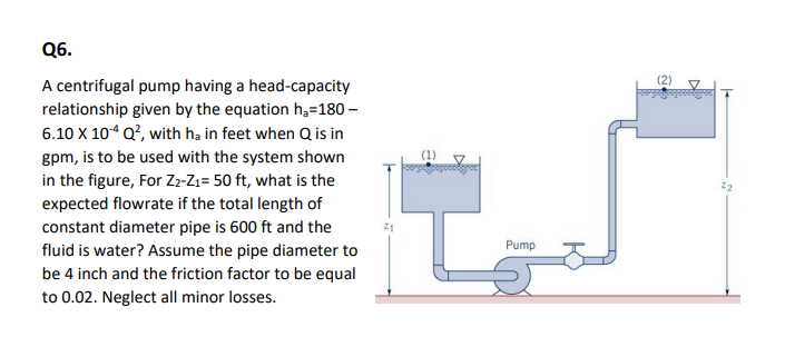 Q6.
A centrifugal pump having a head-capacity
relationship given by the equation ha=180-
6.10 X 10-4 Q², with ha in feet when Q is in
gpm, is to be used with the system shown
in the figure, For Z2-Z₁= 50 ft, what is the
expected flowrate if the total length of
constant diameter pipe is 600 ft and the
fluid is water? Assume the pipe diameter to
be 4 inch and the friction factor to be equal
to 0.02. Neglect all minor losses.
Pump
(2)
7
22