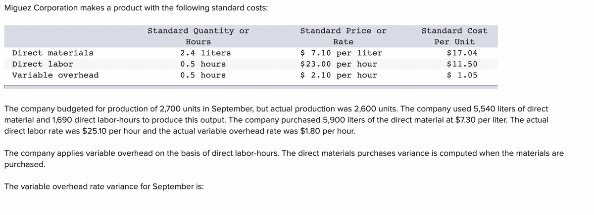 Miguez Corporation makes a product with the following standard costs:
Standard Quantity or
Standard Price or
Standard Cost
Hours
Rate
Per Unit
Direct materials
2.4 liters
$ 7.10 per liter
$17.04
$23.00 per hour
$ 2.10 per hour
Direct labor
0.5 hours
$11.50
Variable overhead
0.5 hours
$ 1.05
The company budgeted for production of 2,700 units in September, but actual production was 2,600 units. The company used 5,540 liters of direct
material and 1,690 direct labor-hours to produce this output. The company purchased 5,900 liters of the direct material at $7.30 per liter. The actual
direct labor rate was $25.10 per hour and the actual variable overhead rate was $1.80 per hour.
The company applies variable overhead on the basis of direct labor-hours. The direct materials purchases variance is computed when the materials are
purchased.
The variable overhead rate variance for September is:
