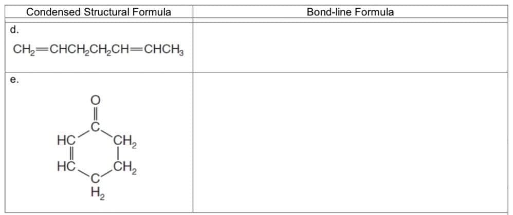 Condensed Structural Formula
Bond-line Formula
d.
CH2=CHCH,CH,CH=CHCH3
e.
HC
CH2
.CH,
H2
