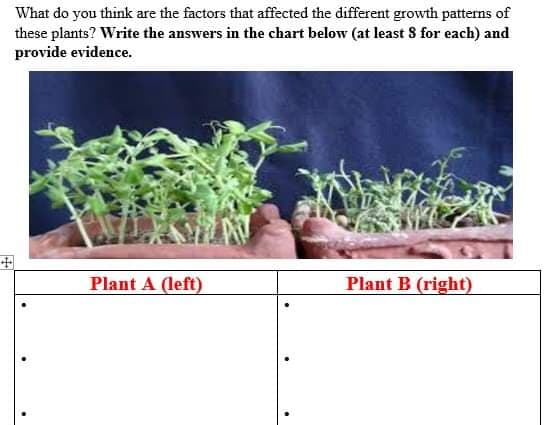 What do you think are the factors that affected the different growth patterns of
these plants? Write the answers in the chart below (at least S for each) and
provide evidence.
Plant A (left)
Plant B (right)
