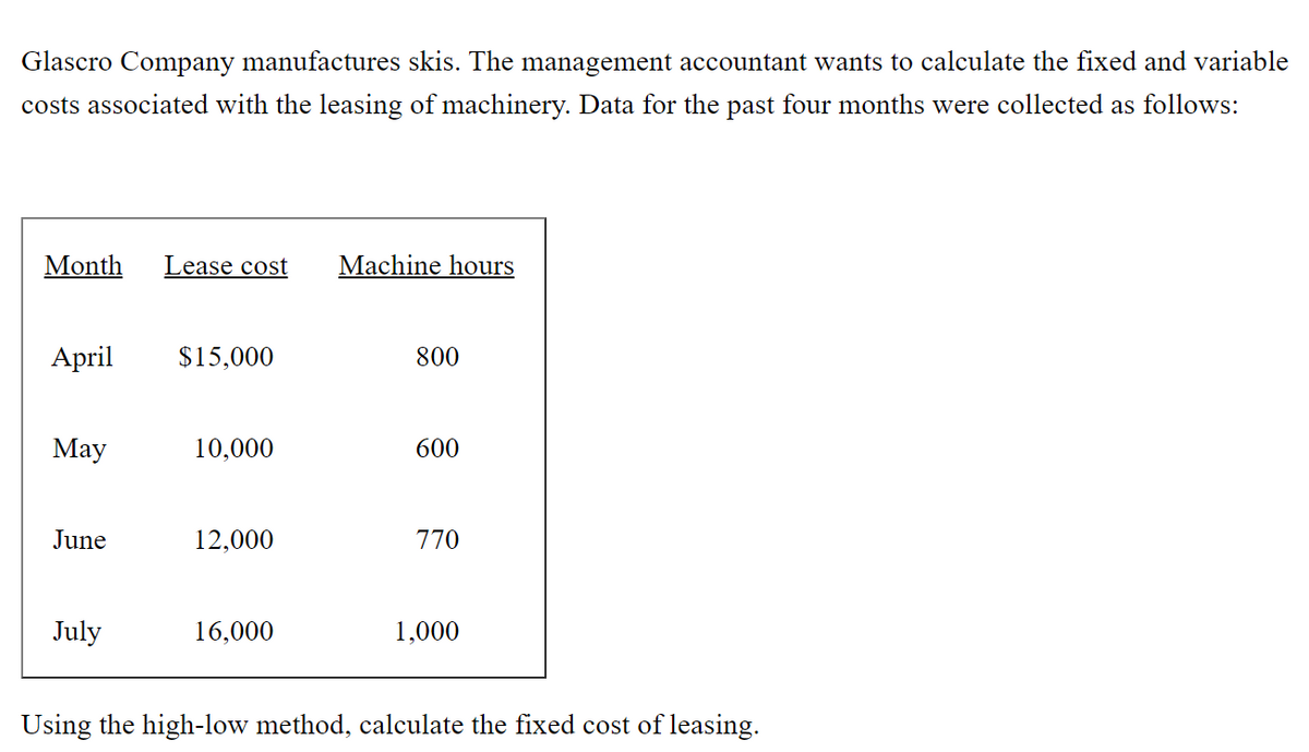 Glascro Company manufactures skis. The management accountant wants to calculate the fixed and variable
costs associated with the leasing of machinery. Data for the past four months were collected as follows:
Month
Lease cost
Machine hours
April
$15,000
800
Мay
10,000
600
June
12,000
770
July
16,000
1,000
Using the high-low method, calculate the fixed cost of leasing.
