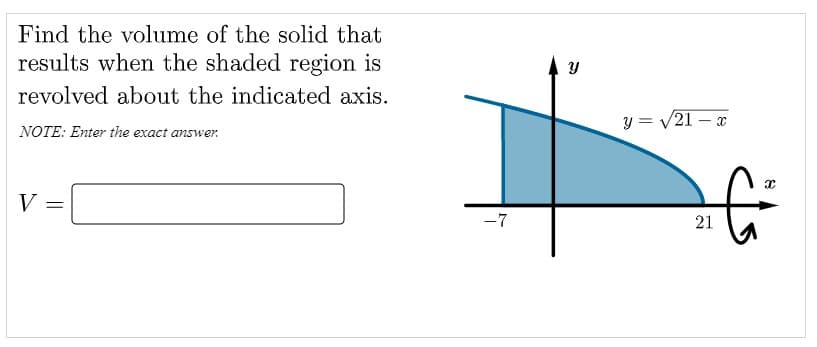 Find the volume of the solid that
results when the shaded region is
revolved about the indicated axis.
NOTE: Enter the exact answer.
y = V21 – x
V =
-7
21

