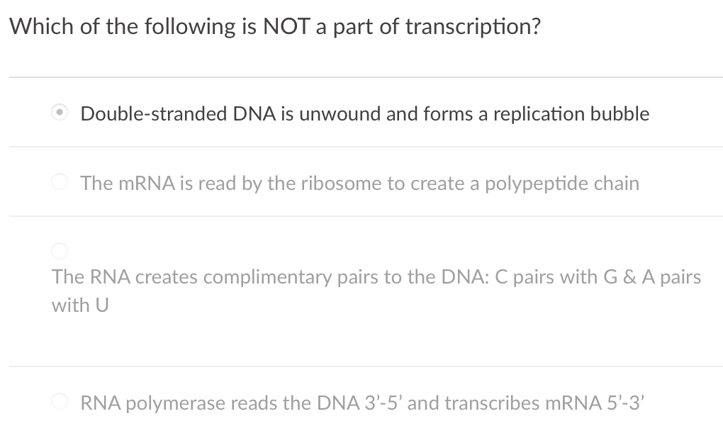 Which of the following is NOTa part of transcription?
O Double-stranded DNA is unwound and forms a replication bubble
The mRNA is read by the ribosome to create a polypeptide chain
The RNA creates complimentary pairs to the DNA: C pairs with G & A pairs
with U
RNA polymerase reads the DNA 3'-5' and transcribes MRNA 5'-3'
