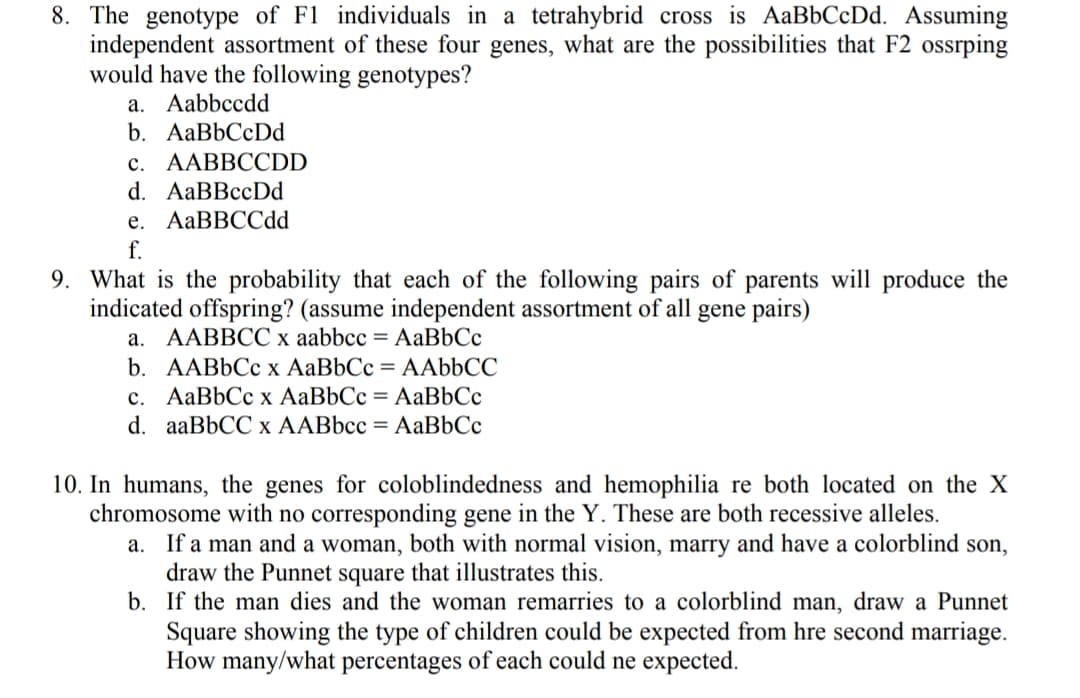 8. The genotype of F1 individuals in a tetrahybrid cross is AaBbCcDd. Assuming
independent assortment of these four genes, what are the possibilities that F2 ossrping
would have the following genotypes?
а. Aabbccdd
b. AaBbСcDd
с. ААВВСCDD
d. AaBBccDd
е. AаВBCСdd
f.
9. What is the probability that each of the following pairs of parents will produce the
indicated offspring? (assume independent assortment of all gene pairs)
а. ААВВССх bbcc 3D AаBbСс
b. AАBbСс х АаBbСс %3D АAЬЬСС
с. АаBbСс х АаBbСс 3 АаBbСс
d. aaBbCС х AАBbсс —D AаBbСс
10. In humans, the genes for coloblindedness and hemophilia re both located on the X
chromosome with no corresponding gene in the Y. These are both recessive alleles.
a. If a man and a woman, both with normal vision, marry and have a colorblind son,
draw the Punnet square that illustrates this.
b. If the man dies and the woman remarries to a colorblind man, draw a Punnet
Square showing the type of children could be expected from hre second marriage.
How many/what percentages of each could ne expected.
