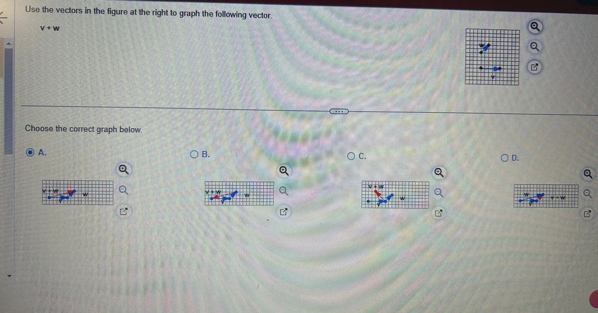 Use the vectors in the figure at the right to graph the following vector.
V+W
Choose the correct graph below.
O A.
F
Q
(79
201
OB.
V+W
660
Q
Q
⠀
OC.
GEWE
W
Q
Q
OD.
O
G
Q
Q
L