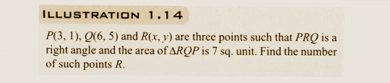 ILLUSTRATION
1.14
P(3, 1), Q(6, 5) and R(x, y) are three points such that PRO is a
right angle and the area of ARQP is 7 sq. unit. Find the number
of such points R.