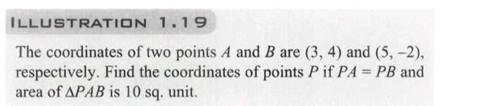 ILLUSTRATION
1.19
The coordinates of two points A and B are (3, 4) and (5,-2),
respectively. Find the coordinates of points P if PA = PB and
area of APAB is 10 sq. unit.