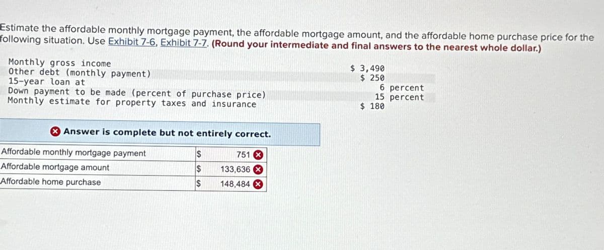 Estimate the affordable monthly mortgage payment, the affordable mortgage amount, and the affordable home purchase price for the
following situation. Use Exhibit 7-6, Exhibit 7-7. (Round your intermediate and final answers to the nearest whole dollar.)
Monthly gross income
Other debt (monthly payment)
15-year loan at
$ 3,490
$ 250
6 percent
Down payment to be made (percent of purchase price)
Monthly estimate for property taxes and insurance
15 percent
$ 180
Answer is complete but not entirely correct.
Affordable monthly mortgage payment
$
751 X
Affordable mortgage amount
$
133,636 X
Affordable home purchase
$
148,484 x