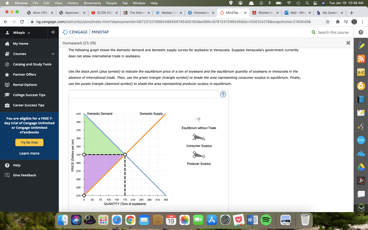 Chrome
File Edit View History Bookmarks People Tab
Window
Help
Tue Jan 19 10:38 AM
Alive (1993 x 6 Approved x O ECON 230 X
UN The Interne x * Medea: Lin x O Homework x
*
MindTap - x
A Women in
O Mail - Mika x
b My Questic x
+
A ng.cengage.com/static/nb/ui/evo/index.html?deploymentld=5672212219665486456785455160&elSBN=9781337096546&id=1056104219&snapshotld=2190649&
* ES
2 Mikayla v
* CENGAGEMINDTAP
Q Search this course
«
A My Home
Homework (Ch 09)
The following graph shows the domestic demand and domestic supply curves for soybeans in Venezuela. Suppose Venezuela's government currently
Courses
does not allow international trade in soybeans.
O Catalog and Study Tools
Use the black point (plus symbol) to indicate the equilibrium price of a ton of soybeans and the equilibrium quantity of soybeans in Venezuela in the
A-Z
* Partner Offers
absence of international trade. Then, use the green triangle (triangle symbol) to shade the area representing consumer surplus in equilibrium. Finally,
EE Rental Options
use the purple triangle (diamond symbol) to shade the area representing producer surplus in equilibrium.
- College Success Tips
(?)
Career Success Tips
Domestic Demand
Domestic Supply
410
You are eligible for a FREE 7-
day trial of Cengage Unlimited
or Cengage Unlimited
eTextbooks
390
Equilibrium without Trade
370
350
bongo
Try for Free
O 330
Consumer Surplus
Learn more
310
? Help
W 290
Producer Surplus
270
O Give Feedback
250
A
230
210
35
70 105
140
175 210
245
280
315
350
QUANTITY (Tons of soybeans)
JAN
19
W
PRICE (Dollars per ton)
