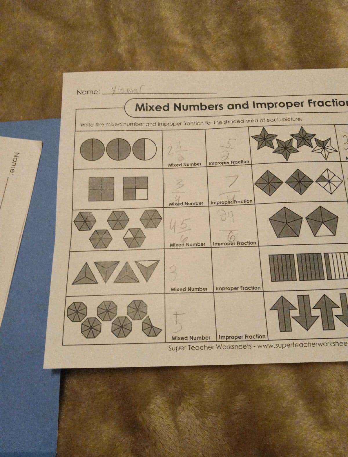 Name:Vin mar
Mixed Numbers and Improper Fraction
Write the mixed number and improper fraction for the shaded area of each picture.
DOO
000
2.
Mixed Number
Improper Fraction
Mixed Number
Improper Fraction
45
Mixed Number
Improper Fraction
VA
Mixed Number
Improper Fraction
Mixed Number
Improper Fraction
Super Teacher Worksheets- www.superteacherworkshee
Name:
