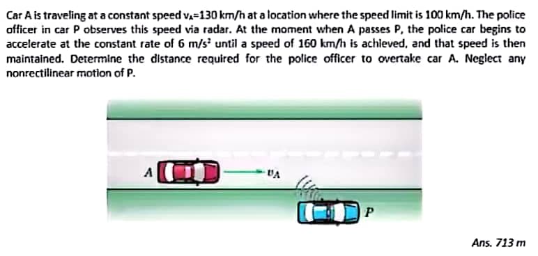 Car A is traveling at a constant speed v,=130 km/h at a location where the speed limit is 100 km/h. The police
officer in car P observes this speed via radar. At the moment when A passes P, the police car begins to
accelerate at the constant rate of 6 m/s until a speed of 160 km/h is achieved, and that speed is then
maintained. Determine the distance required for the police officer to overtake car A. Neglect any
nonrectilinear motion of P.
Ans. 713 m
