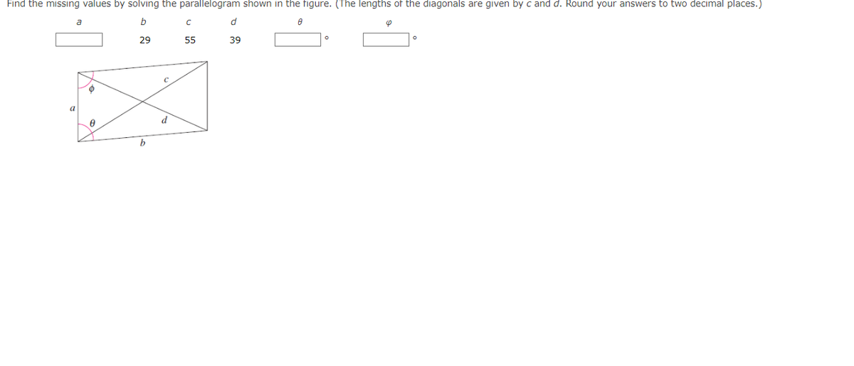 Find the missing values by solving the parallelogram shown in the figure. (The lengths of the diagonals are given by c and d. Round your answers to two decimal places.)
Ө
b
29
a
a
0
b
d
с
55
d
39
6