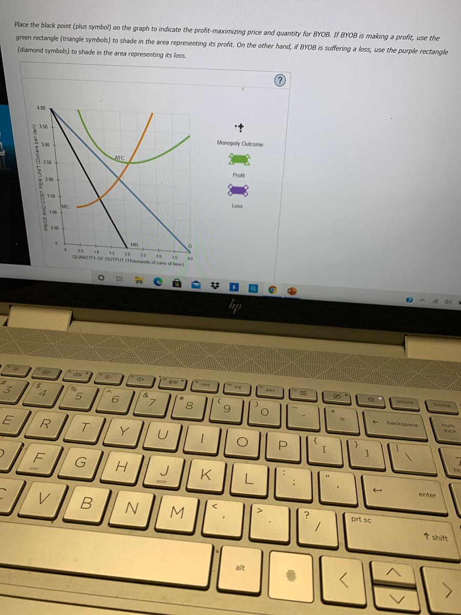 Place the black point (plus symbol) on the graph to indicate the profit-maximizing price and quantity for BYOB. If BYOB is making a profit, use the
green rectangle (triangle symbols) to shade in the area representing its profit. On the other hand, if BYOB is suffering a loss, use the purple rectangle
(diamond symbols) to shade in the area representing its loss.
4.00
3.50
Monopoly Outcome
3.00
ATC
므 2.50
Profit
g 2.00
1.50
Loss
MC
1.00
E 0.50
MR
05 10
25
3.0
35
40
QUANTITY OF OUTPUT (Thousands of cans of beer)
PDI
%23
24
4
delete
home
&
8
backspace
num
lock
R.
Y
P.
ho
H.
K
enter
M
prt sc
↑ shift
alt
B.
PRICE AND COST PER
UNT (Dollars per can)
