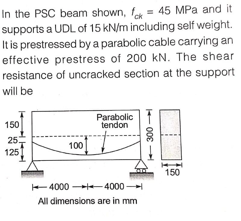 = 45 MPa and it
In the PSC beam shown, fk
supports a UDL of 15 kN/m including self weight.
It is prestressed by a parabolic cable carrying an
effective prestress of 200 kN. The shear
resistance of uncracked section at the support
will be
Parabolic
tendon
150
25
100
125
150
K 4000 l4000
All dimensions are in mm
+ 00
