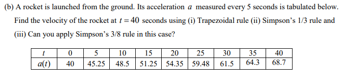 (b) A rocket is launched from the ground. Its acceleration a measured every 5 seconds is tabulated below.
Find the velocity of the rocket at t = 40 seconds using (i) Trapezoidal rule (ii) Simpson's 1/3 rule and
(iii) Can you apply Simpson's 3/8 rule in this case?
15
48.5 51.25 54.35 59.48
t
5
10
20
25
30
35
40
64.3
68.7
a(t)
40
45.25
61.5
