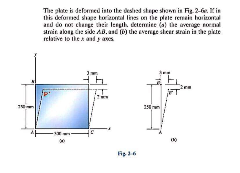 The plate is deformed into the dashed shape shown in Fig. 2-6a. If in
this deformed shape horizontal lines on the plate remain horizontal
and do not change their length, determine (a) the average normal
strain along the side AB, and (b) the average shear strain in the plate
relative to the x and y axes.
3 mm
3 mm
B
B
2 mm
B'
2 mm
250 mm
250 mm
-300 mm
C
(a)
(b)
Fig. 2-6
